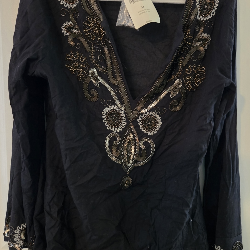 Boston Proper Black Tunic with Gold Embroidery